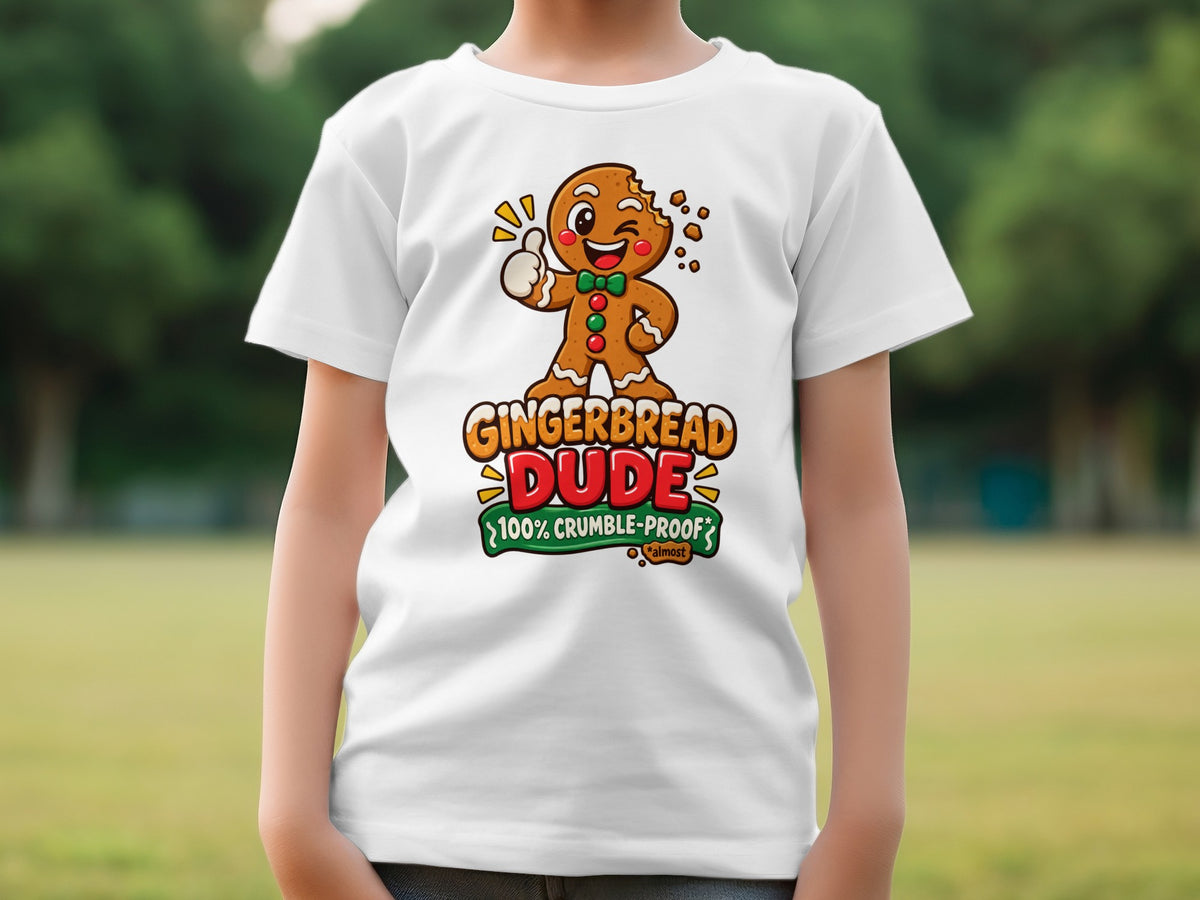 White t-shirt with "Gingerbread Dude 100% Crumble-Proof *almost*" graphic.
