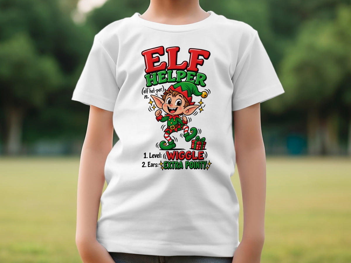 White t-shirt with an elf graphic and text "ELF HELPER" and "WIGGLE" and "EXTRA POINTY".