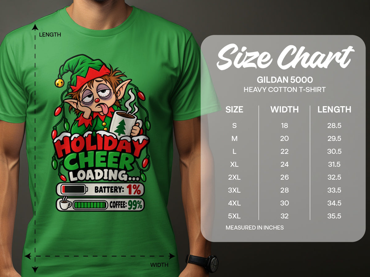 Green t-shirt with elf graphic and size chart for Gildan 5000 t-shirts.