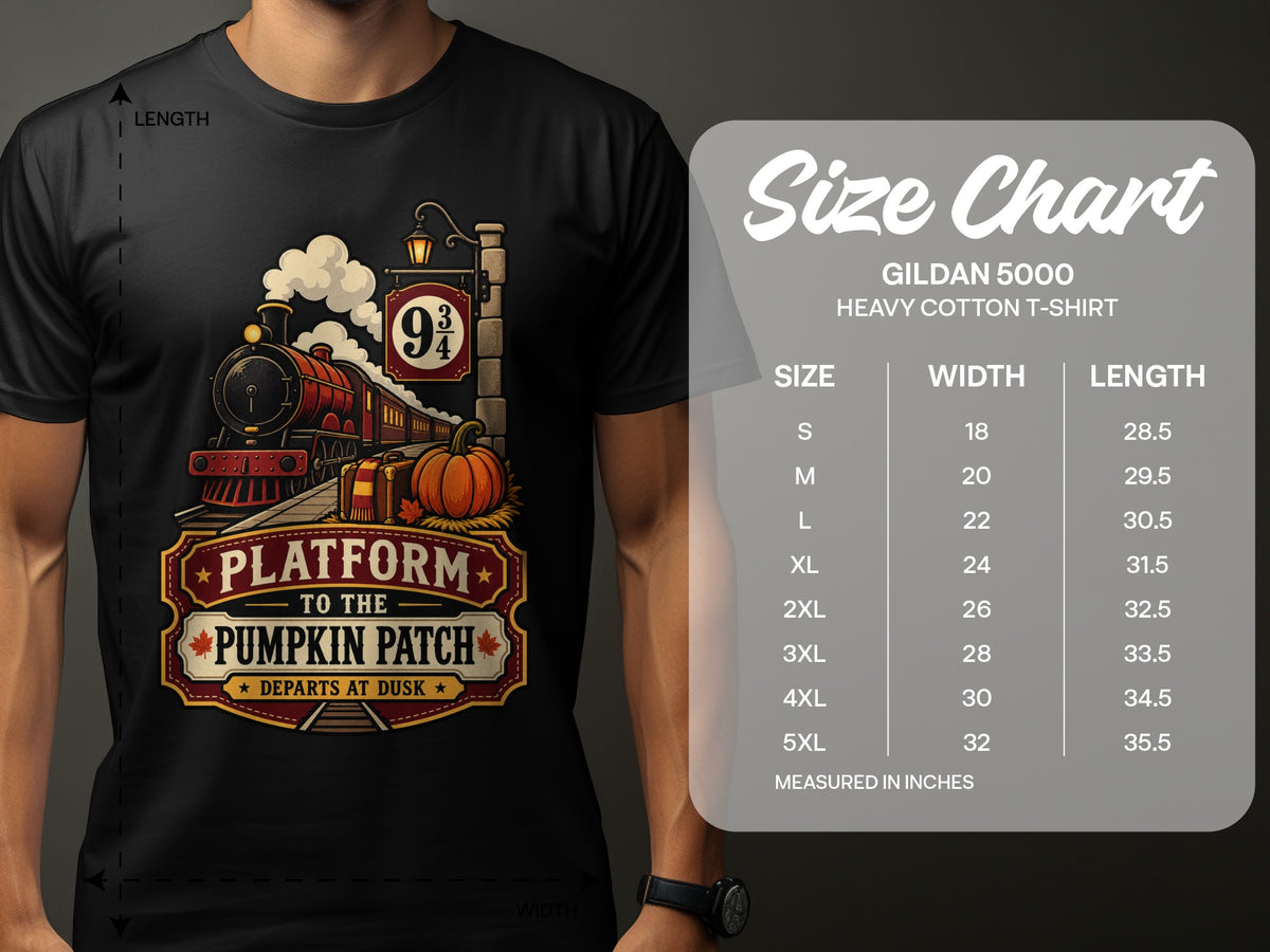 Black t-shirt with "Platform to the Pumpkin Patch" graphic and Gildan 5000 size chart.