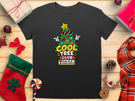 Black t-shirt with "Cool Tree Club" graphic featuring a Christmas tree.