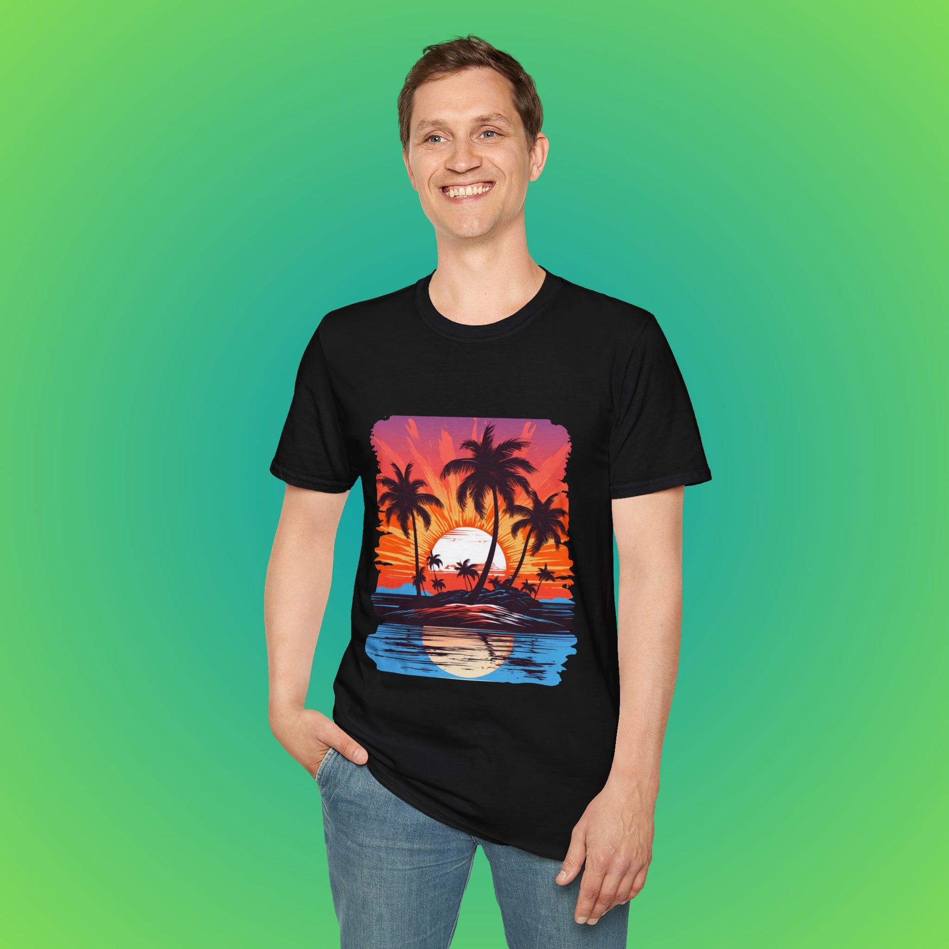 Tropical island sunset seen shirt image 3