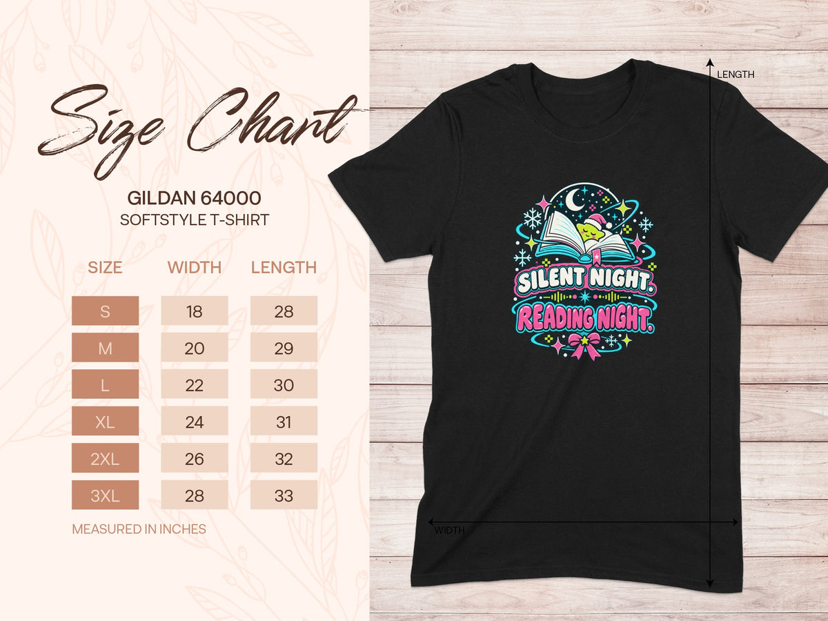 Gildan 64000 size chart for black softstyle t-shirt with "Silent Night Reading Night" graphic.