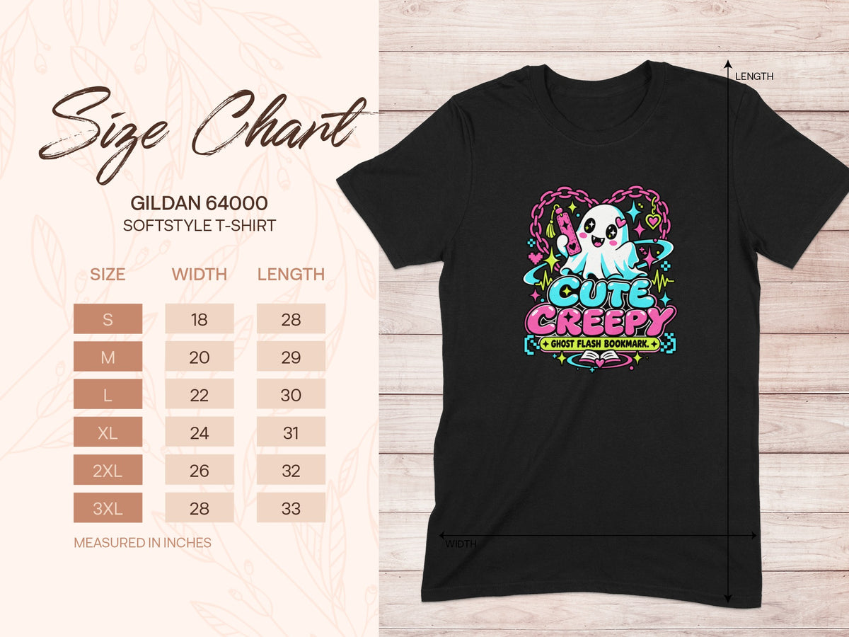 Gildan 64000 Softstyle T-shirt size chart with "Cute Creepy Ghost Flash Bookmark" graphic.