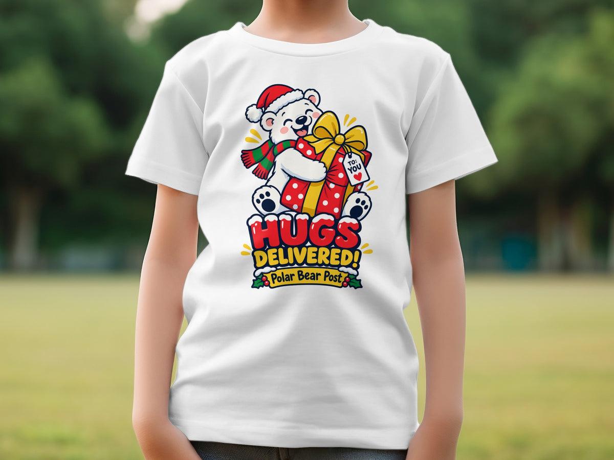 Polar bear in Santa hat holds present with "HUGS DELIVERED! Polar Bear Post" text.