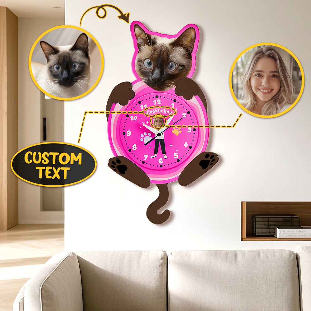 Custom Pet Cat Photo & Owner Face Wall Clock – Personalized Funny Gift for Pet Lovers