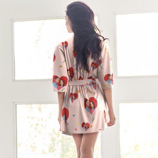 Custom Personalized Pajamas Photo Couple Love Women's Short Pajama Kimono Robe Sleepwear