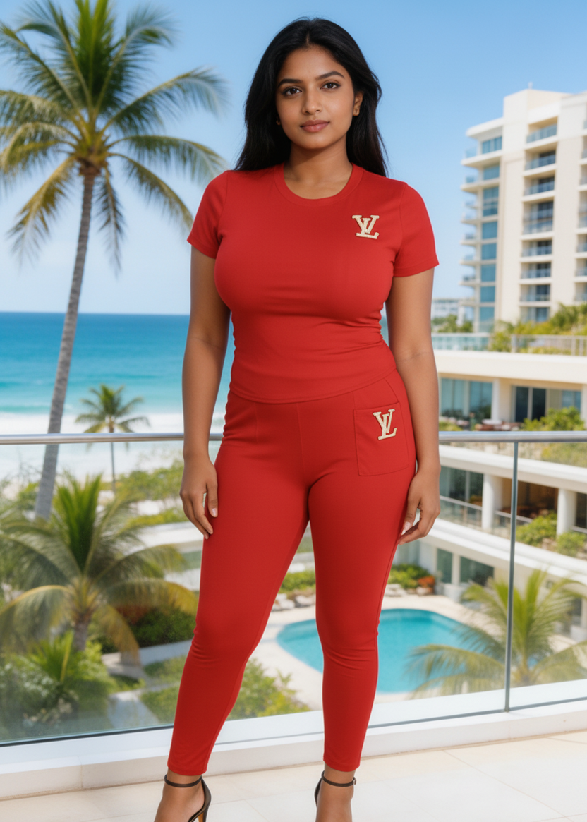 Womans Short Sleeve & Long Pants Pullover Tracksuit Set Limited Supply