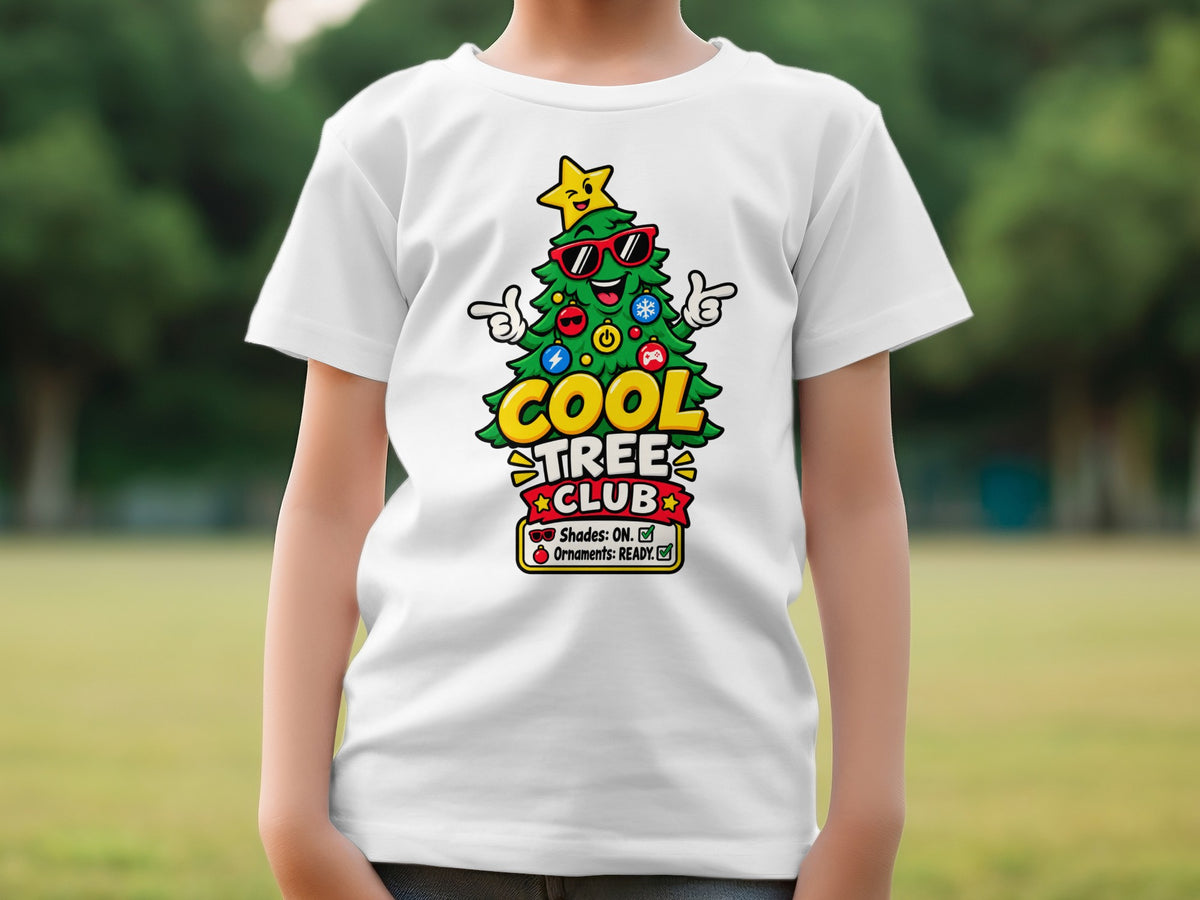 White t-shirt with "Cool Tree Club" text and a cartoon Christmas tree with sunglasses.
