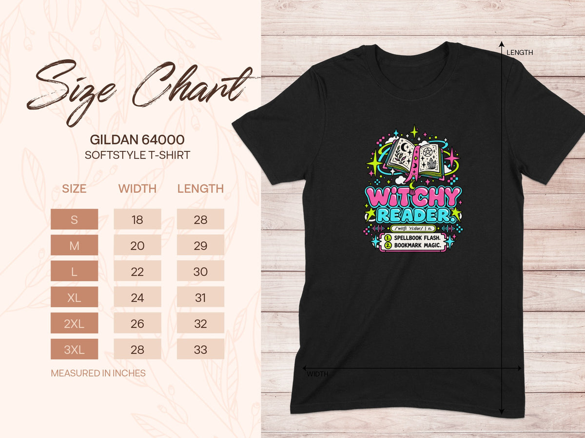 Black Gildan softstyle t-shirt with "Witchy Reader" graphic and size chart.
