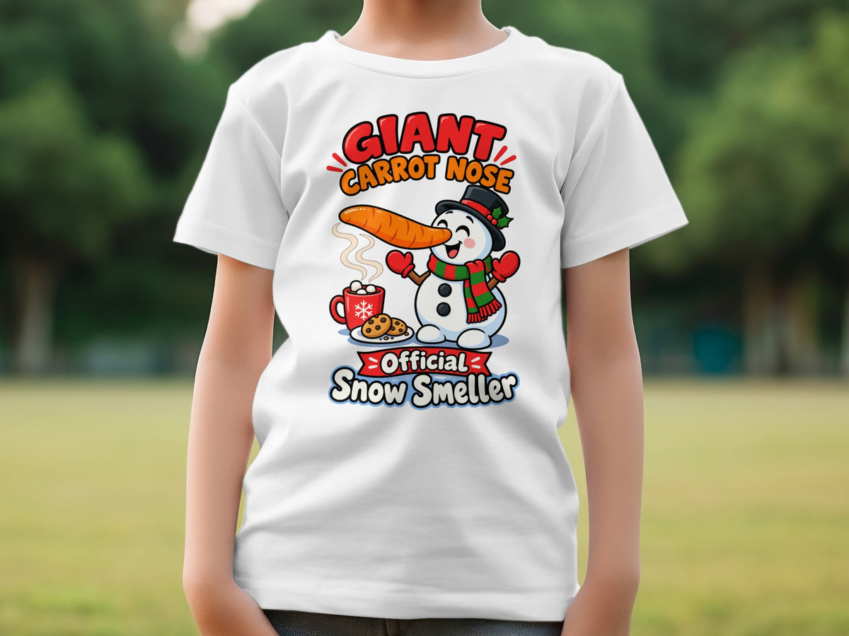 White t-shirt with a cartoon snowman with a carrot nose and "Official Snow Smeller" text.
