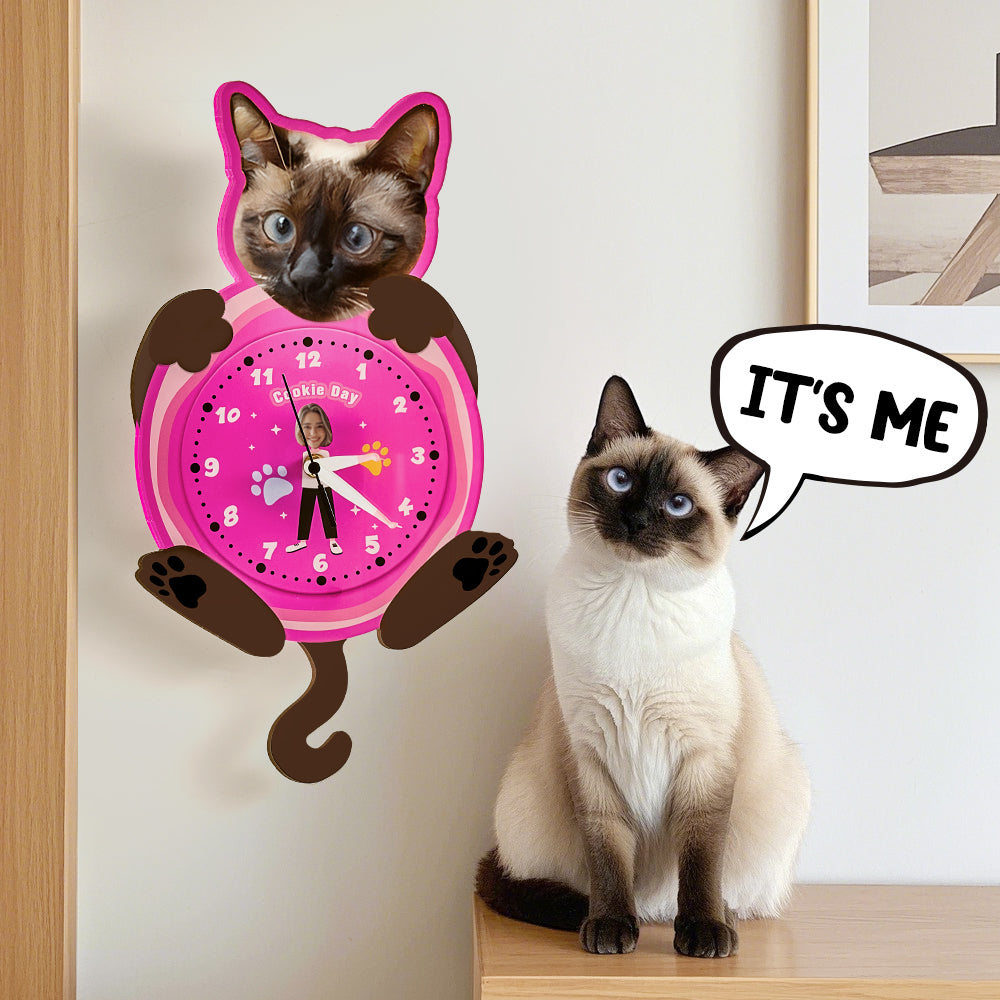 Custom Pet Cat Photo & Owner Face Wall Clock – Personalized Funny Gift for Pet Lovers