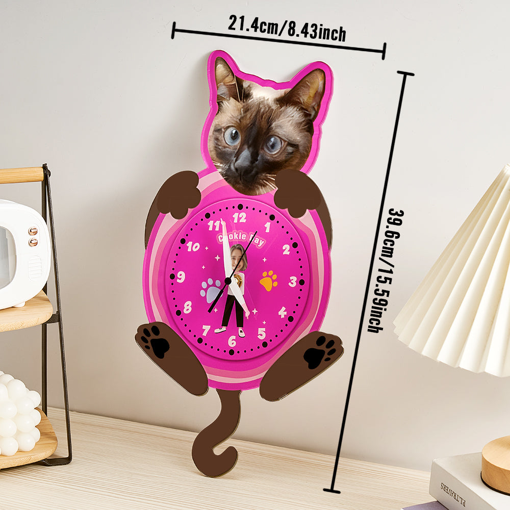 Custom Pet Cat Photo & Owner Face Wall Clock – Personalized Funny Gift for Pet Lovers