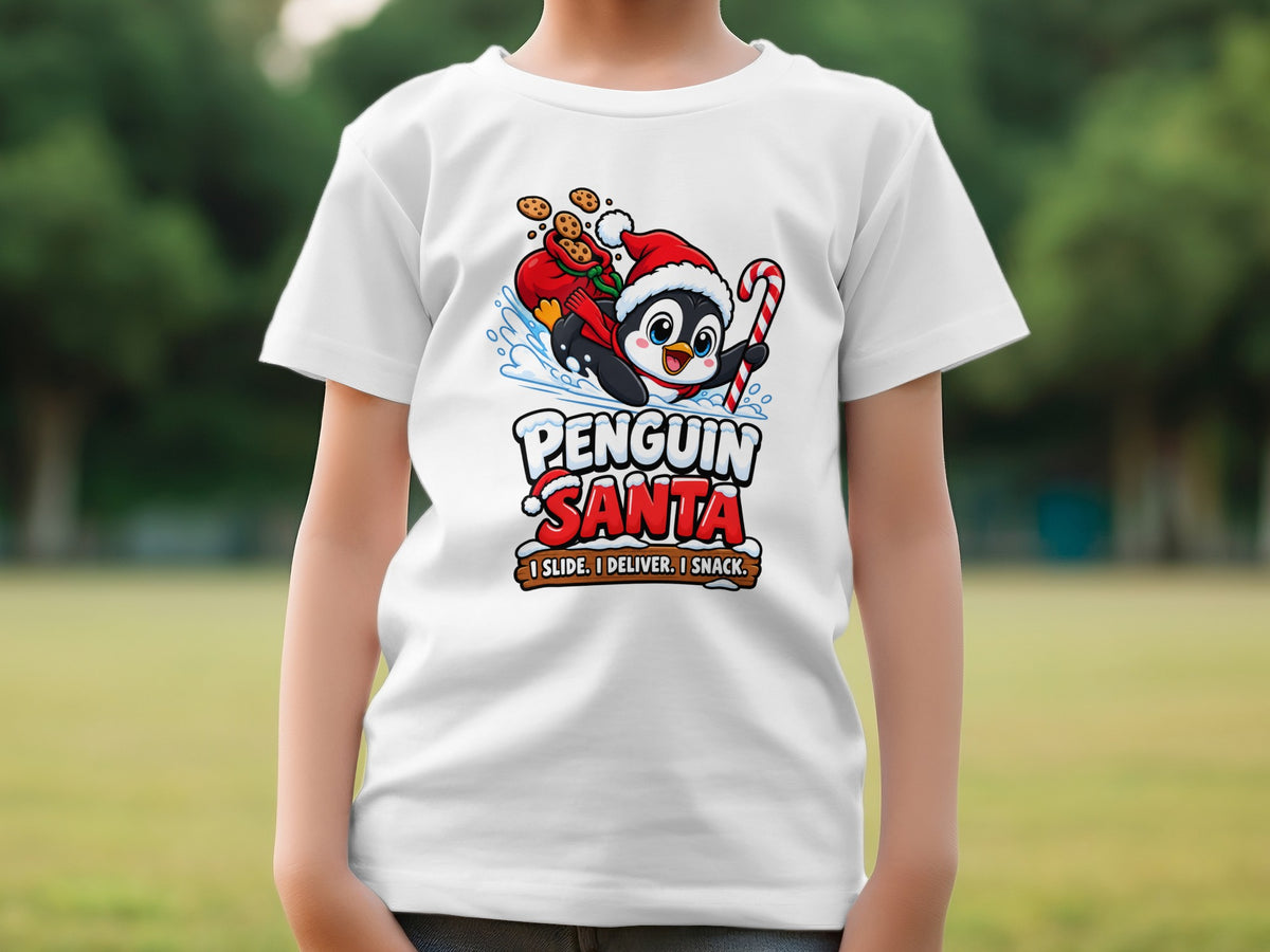 White t-shirt with "Penguin Santa" text and cartoon penguin sliding with cookies and candy cane.