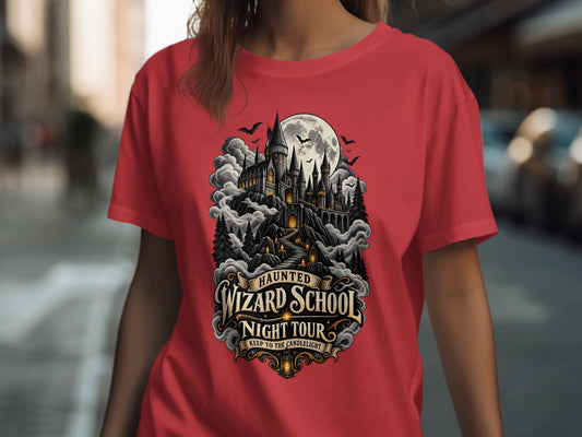 Red t-shirt with "Haunted Wizard School Night Tour" graphic featuring a castle.