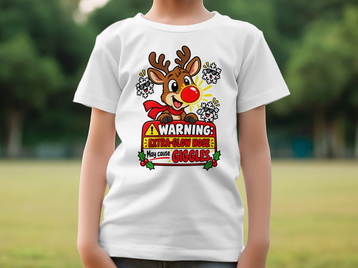 White t-shirt with a cartoon reindeer and "Warning: Extra-Glow Nose May Cause Giggles."