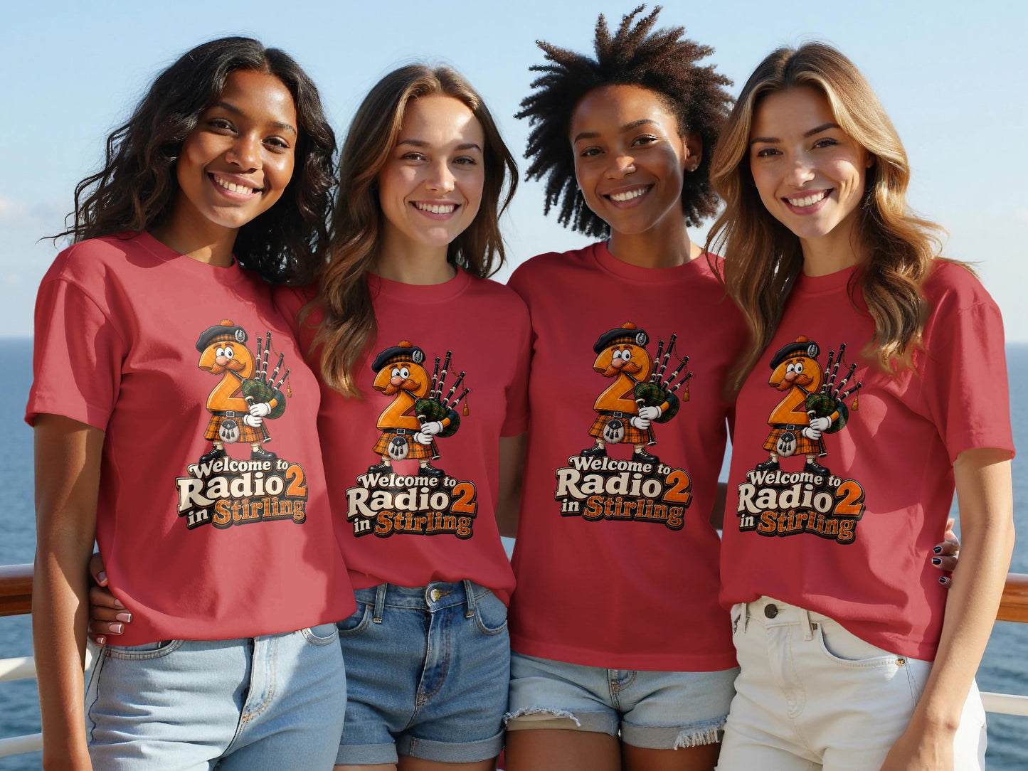 Four women wear red t-shirts with "Welcome to Radio 2 in Stirling" and a bagpipe-playing number 2 cartoon.