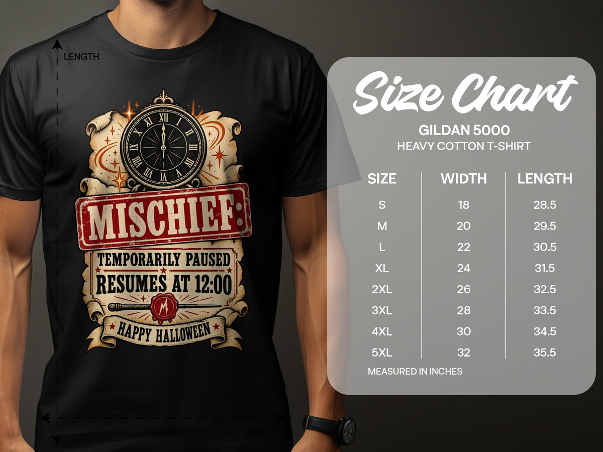 Black t-shirt with "Mischief Resumes at 12:00 Happy Halloween" design and Gildan 5000 size chart.