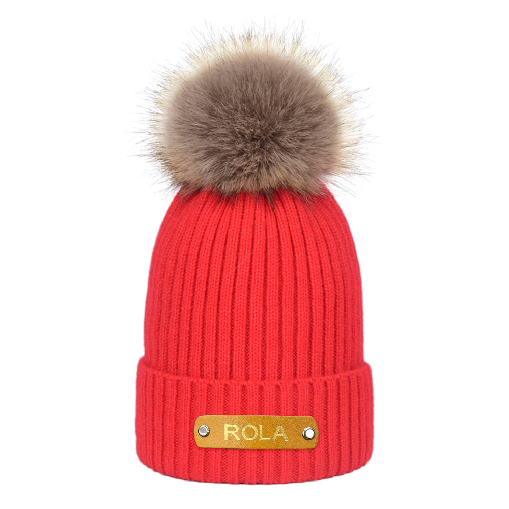 Personalized Leather Patch Beanie Custom Name Newborn Kids Winter Hat