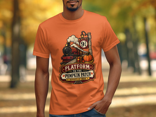 Orange t-shirt with train, pumpkin, and "Platform to the Pumpkin Patch" text.