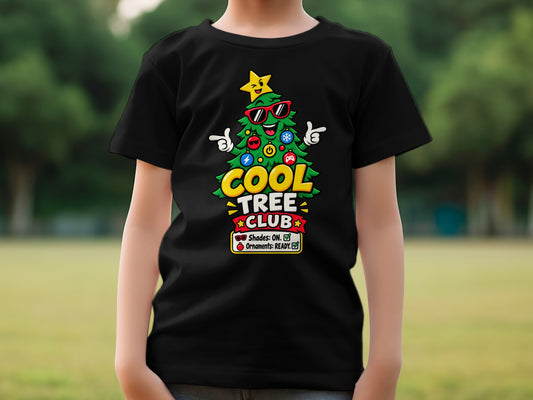Black t-shirt with cartoon Christmas tree graphic reading "COOL TREE CLUB".