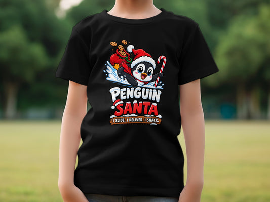Black t-shirt with "Penguin Santa" text and cartoon penguin sliding with gifts.