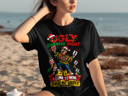 Ugly Sweater Night graphic with judge scores and text.