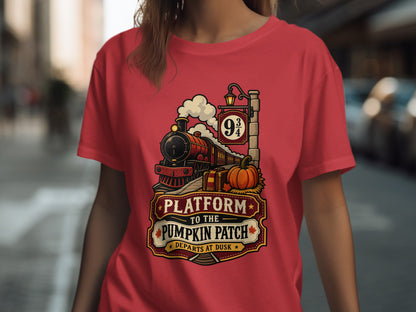 Red t-shirt with "Platform to the Pumpkin Patch" train graphic.