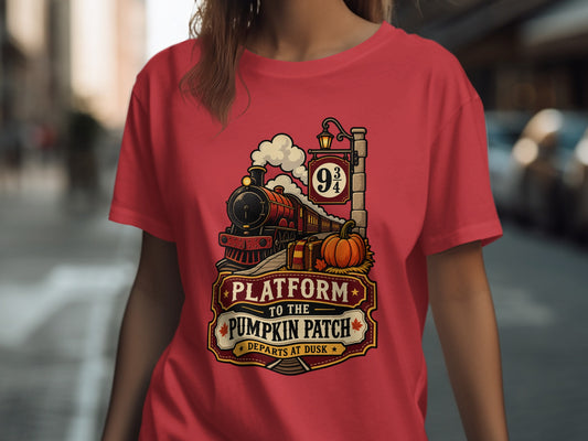 Red t-shirt with "Platform to the Pumpkin Patch" train graphic.