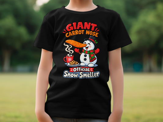 Black t-shirt with snowman graphic and text "GIANT CARROT NOSE Official Snow Smeller"