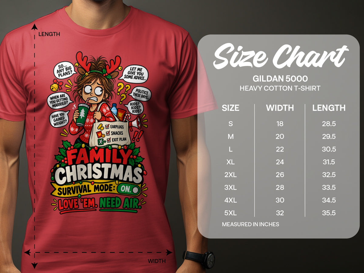Red t-shirt with "Family Christmas Survival Mode: On" graphic and a size chart.