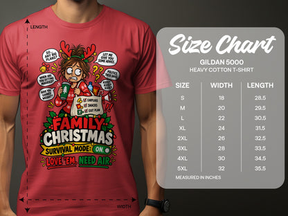 Red t-shirt with "Family Christmas Survival Mode: On" graphic and a size chart.