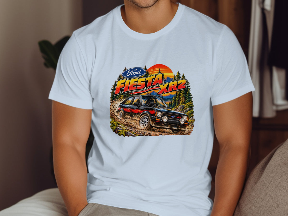 Ford Fiesta XR2 graphic on a white t-shirt with retro sunset and car on a dirt road.