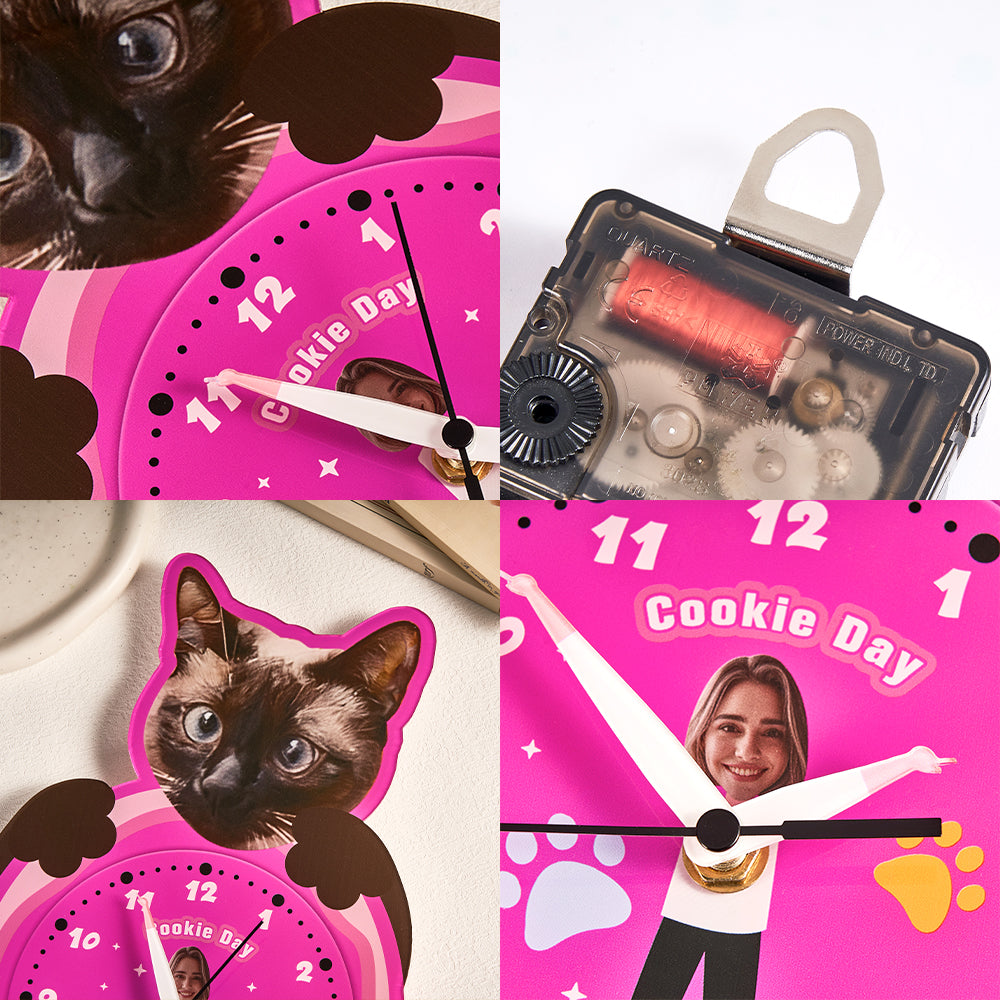 Custom Pet Cat Photo & Owner Face Wall Clock – Personalized Funny Gift for Pet Lovers