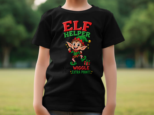Black t-shirt with Elf Helper graphic and text.