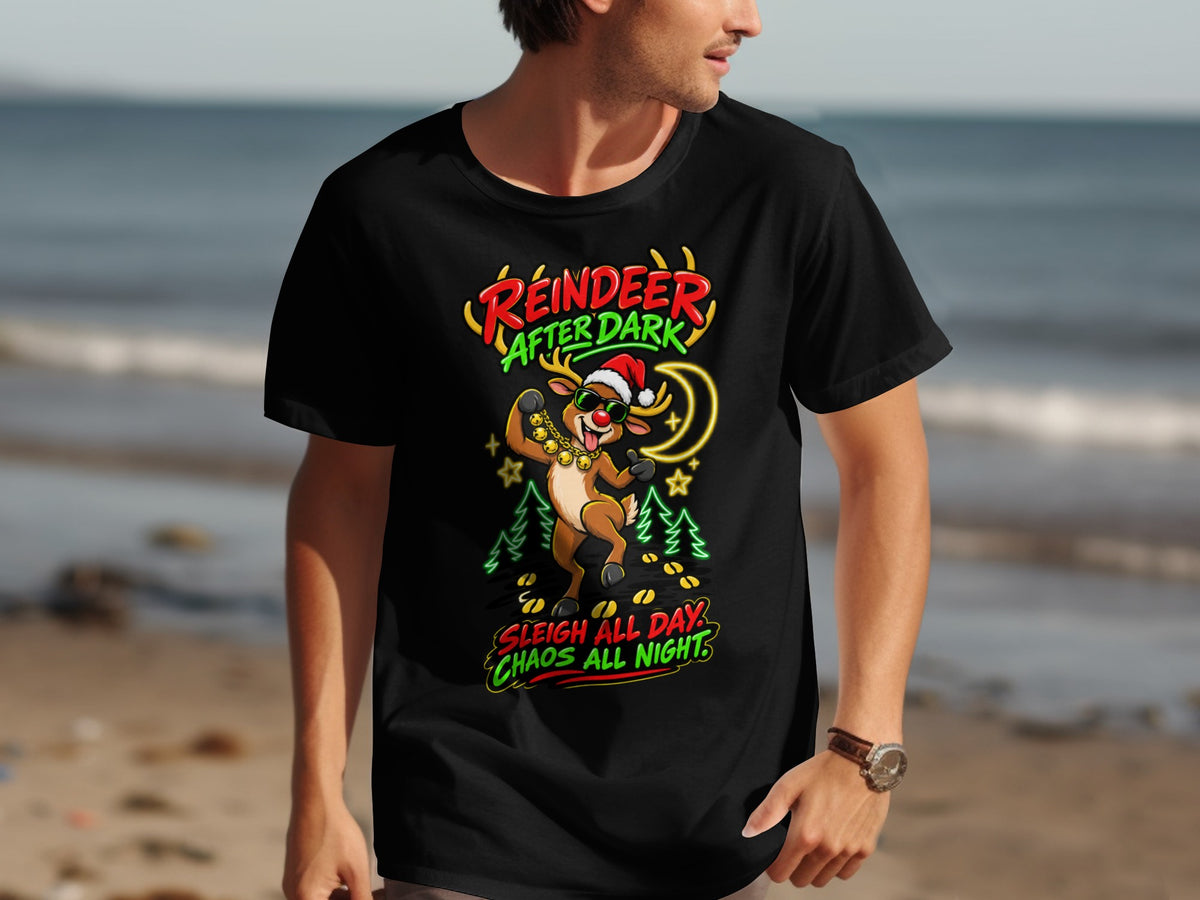 Black t-shirt with a cartoon reindeer wearing sunglasses and a Santa hat.