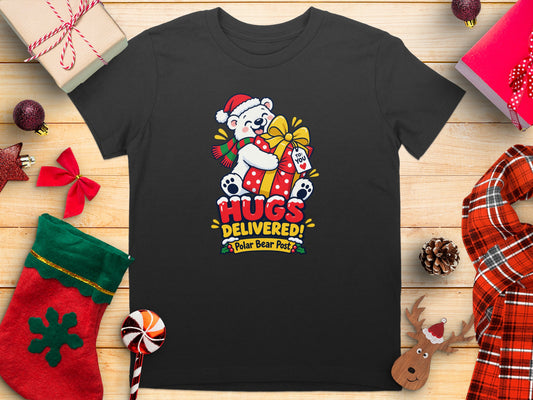 Black t-shirt with cartoon polar bear holding gift, "Hugs Delivered! Polar Bear Post" text.