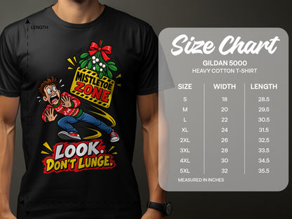 T-shirt graphic with a scared man under mistletoe and a size chart.