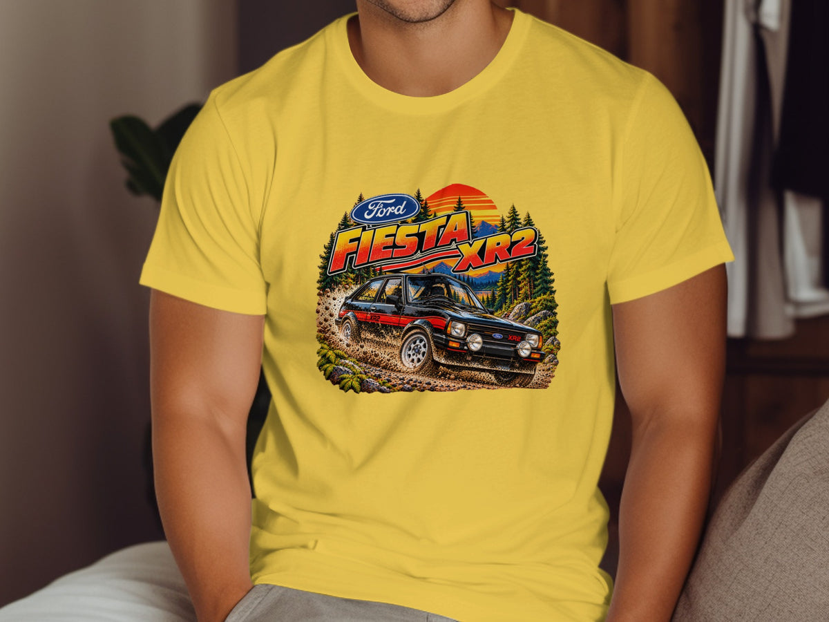 Ford Fiesta XR2 driving through a muddy forest with a sunset and mountains.