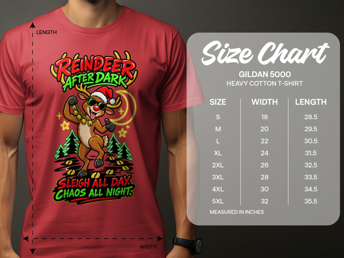 Red t-shirt with reindeer graphic and Gildan 5000 size chart.