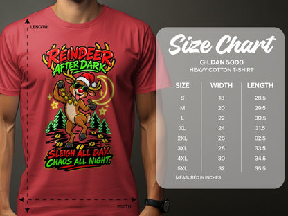 Red t-shirt with reindeer graphic and Gildan 5000 size chart.