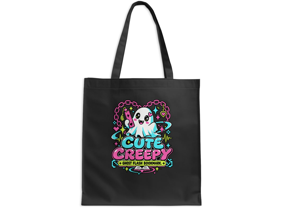 Black tote bag with a ghost and the text "Cute Creepy Ghost Flash Bookmark".