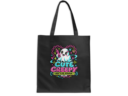 Black tote bag with a ghost and the text "Cute Creepy Ghost Flash Bookmark".