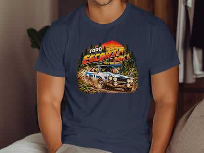 Ford Escort Mk1 rally car driving through dirt with trees and sunset.