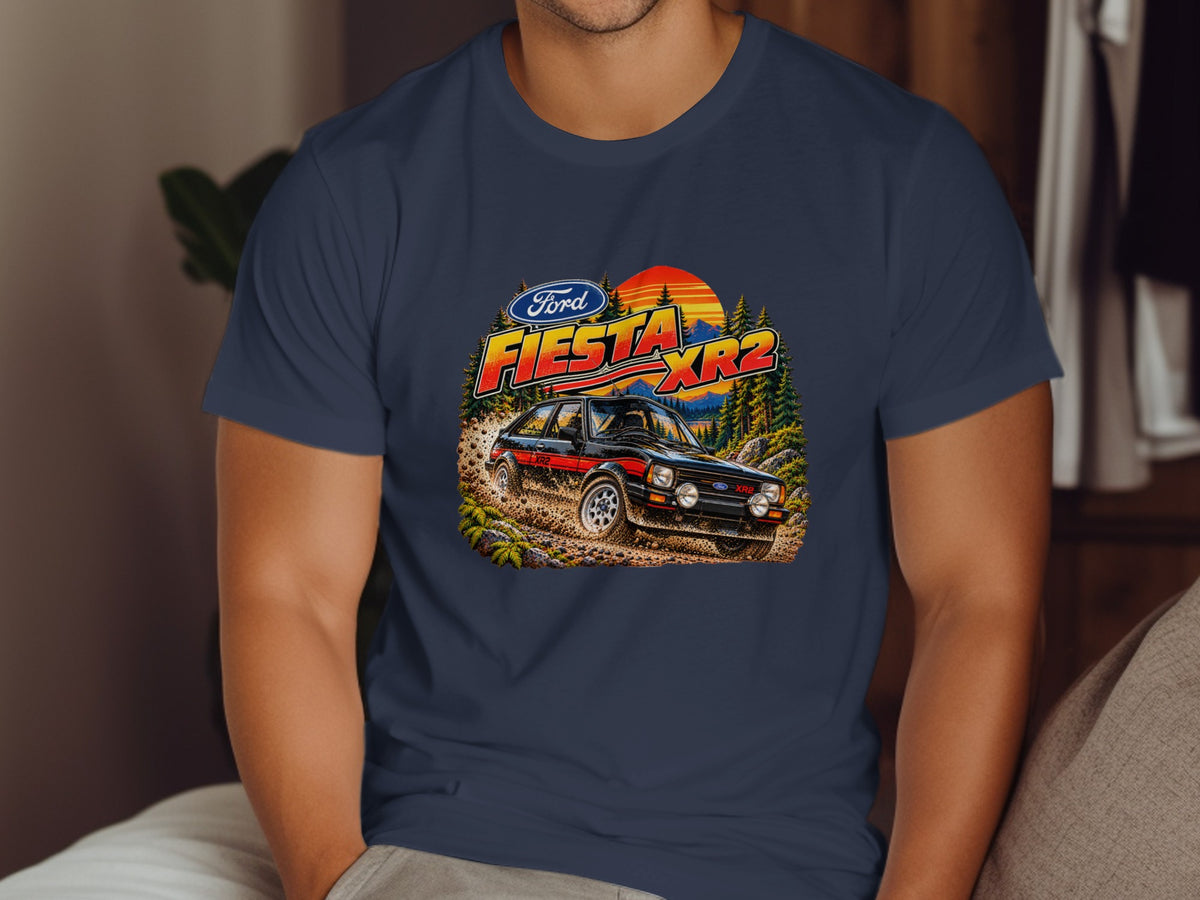 Ford Fiesta XR2 rally car driving through mud with sunset and trees.