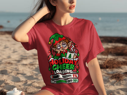 Elf graphic with "Holiday Cheer Loading" text, 1% battery, 99% coffee.