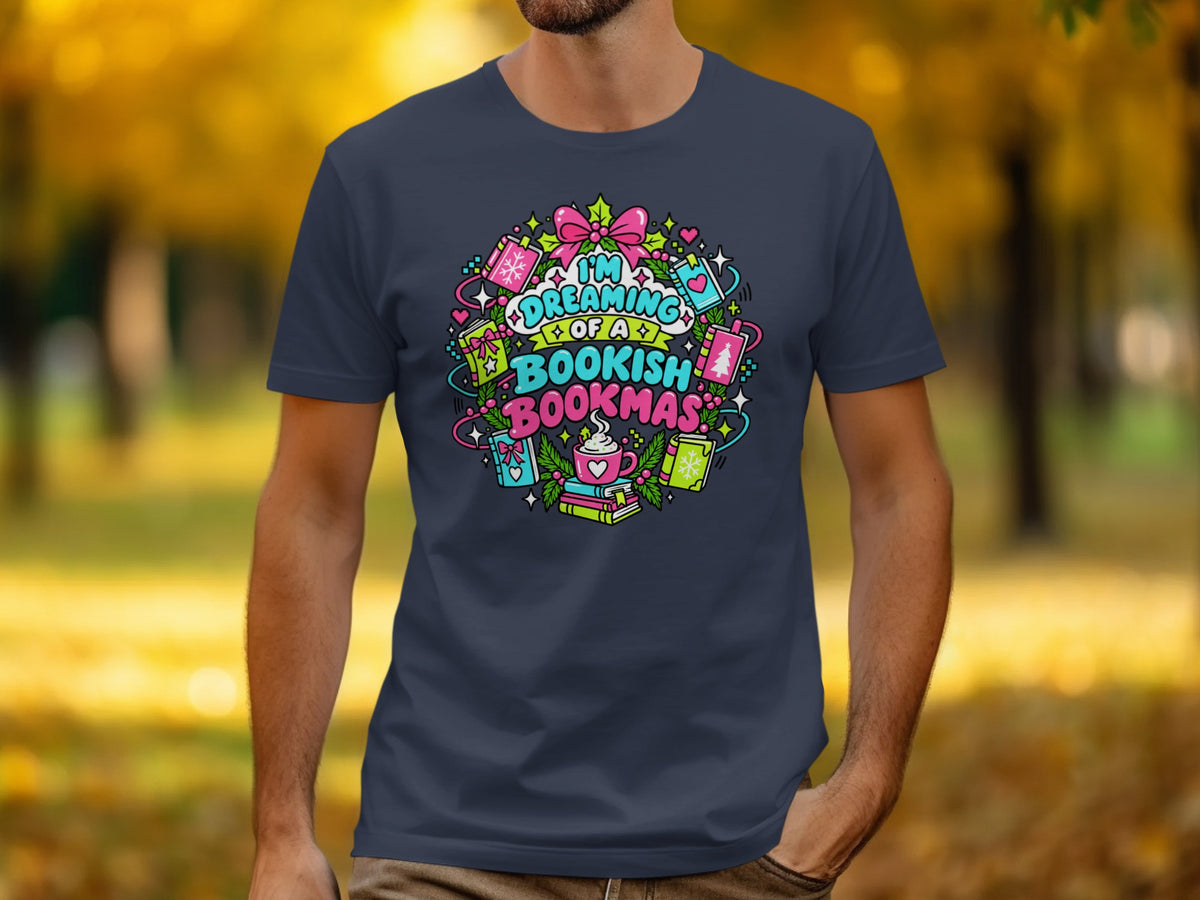 Navy t-shirt with "I'm Dreaming of a Bookish Bookmas" text and Christmas book illustrations.