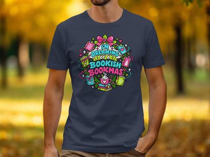 Navy t-shirt with "I'm Dreaming of a Bookish Bookmas" text and Christmas book illustrations.