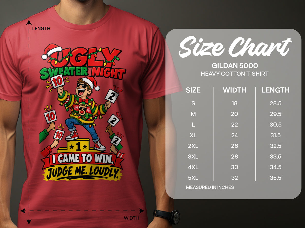 Red t-shirt with "Ugly Sweater Night" graphic and Gildan 5000 size chart.