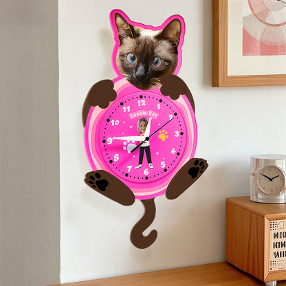 Custom Pet Cat Photo & Owner Face Wall Clock – Personalized Funny Gift for Pet Lovers